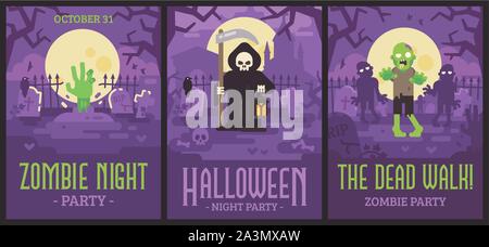 Three Halloween posters with graveyard scenes. Halloween flyers with zombies and Grim Reaper Stock Vector