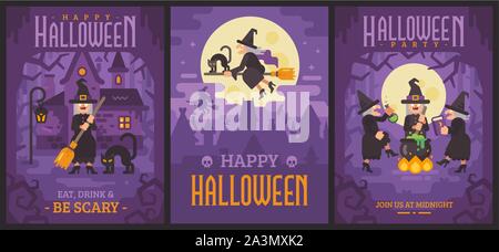 Three Halloween posters with old witches Stock Vector