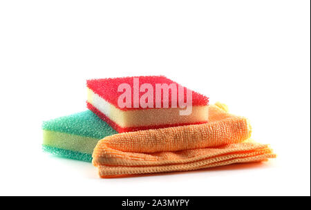 Two sponges and cleaning cloth isolated Stock Photo