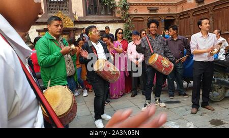 Kathmandu, Nepal. 9th Oct, 2019. People from Newar community play traditional music during celebrations of the Dashain festival in Kathmandu, Nepal, Oct. 9, 2019. Credit: Sunil Sharma/Xinhua/Alamy Live News Stock Photo