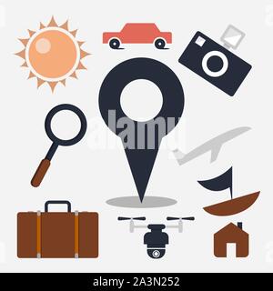 Travel elements icon set vector image. Various icon elements of travel theme flat design Stock Vector