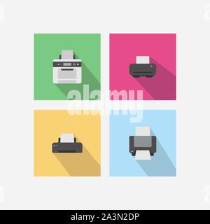 Set of various printer icon on square background with long shadow Stock Vector