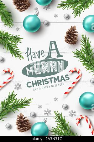 Merry christmas composition with christmas elements on a rustic white wooden background. Vector illustration. Stock Vector
