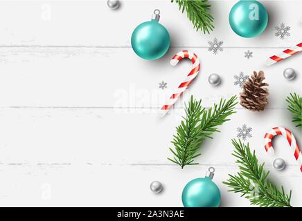 Merry christmas composition frame with christmas elements on a light rustic wooden background. Vector illustration. Stock Vector