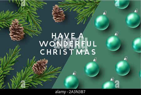 Festive modern christmas background layout with baubles and fir branches. Vector illustration Stock Vector