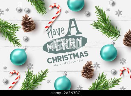 Merry christmas composition with christmas elements on a rustic wooden background. Vector illustration. Stock Vector