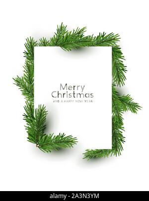 A christmas rectangle shape made from natural pine branches. Top down flat lay view  - vector illustration. Stock Vector