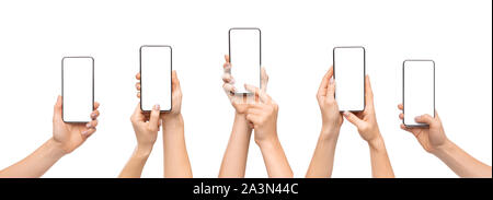 Woman's hands using smartphone with blank screen over white background Stock Photo