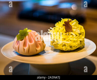 Pastry Workshop in Izu, Japan. Wagashi, are traditional Japanese sweets. Here kiku chrisanthemes and moon viewing tsukimi, motif bunny in the moon Stock Photo