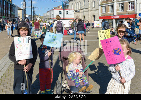 Children participating in the Extinction Rebellion climate strike in Truro City City in Cornwall. Stock Photo