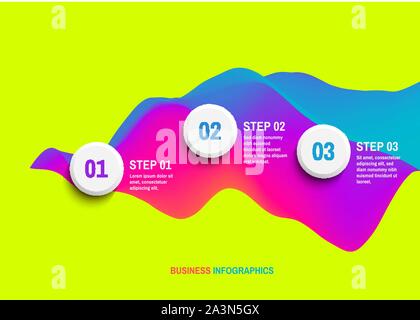 Startup infographic template with three steps. Business concept. 3D wavy background with dynamic effect. Vector illustration for marketing, research, Stock Vector