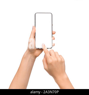 Young woman's hands using smartphone with blank screen Stock Photo