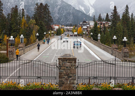 Looking along Banff Avenue from the grounds of the Park Administration Building in Banff Alberta Canada Stock Photo