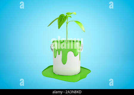 3d close-up rendering of bucket of green paint standing in puddle of spilt paint with young green sprout growing right from bucket on blue background. Stock Photo