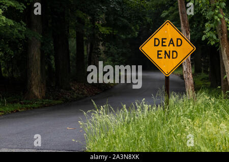 Yellow 'DEAD END' sign next to dark winding road in the middle of nowhere Stock Photo