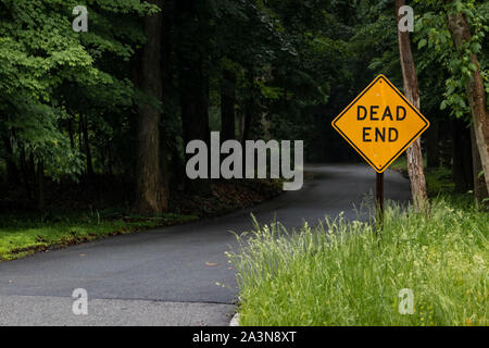 Yellow 'DEAD END' sign next to dark winding road in the middle of nowhere Stock Photo