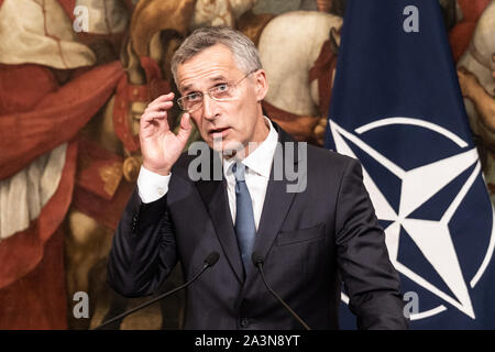 NATO Secretary General, Jens Stoltenberg speaks during a meeting with the Italian premier, Giuseppe Conte at Palazzo Chigi. Stock Photo