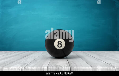 3d rendering of black pool and billiard ball on white wooden floor and dark turquoise background Stock Photo
