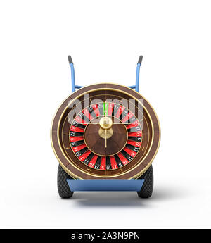 3d rendering of navy blue hand truck standing upright with casino roulette wheel on it. Stock Photo