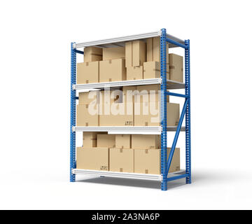 3d rendering warehouse rack with cardboard boxes on white background ...