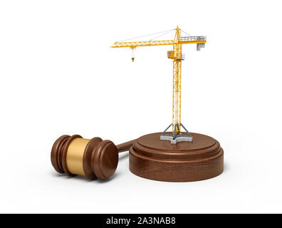 3d rendering of small construction crane standing on sounding block with judge gavel beside the block. Stock Photo