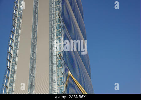 CITYLIFE, MILAN, ITALY - JANUARY 13, 2019 - Allianz Tower designed by the Architect Isozaki is one of the symbols of modernity and renovation of the Stock Photo