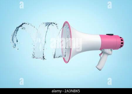 3d side close-up rendering of white and pink megaphone emitting a whirlpool of clean water on light-blue background. Stock Photo