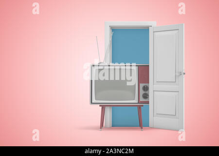 3d rendering of retro TV set standing in open doorway on pink gradient copyspace background. Stock Photo