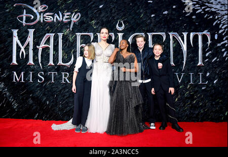 Angelina Jolie with childen (left to right) Vivienne Marcheline Jolie-Pitt, Zahara Marley Jolie-Pitt, Shiloh Nouvel Jolie-Pitt and Knox Leon Jolie-Pitt attending the Maleficent: Mistress of Evil European Premiere held at Imax Waterloo in London. Picture date: Wednesday October 9, 2019. See PA story SHOWBIZ Maleficent. Photo credit should read: Ian West/PA Wire Stock Photo