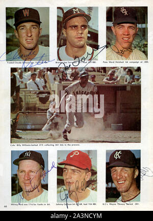 A 1960s era sport magazine page featuring star baseball players with several autographs including Hall of Famers Joe Torre and White Ford. Stock Photo