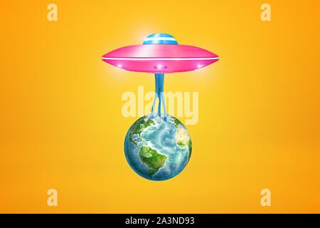 3d rendering of pink UFO carrying Earth which is hanging down on blue sticky slime below UFO on amber background. Stock Photo