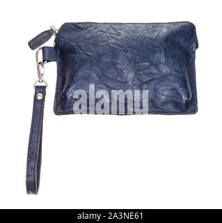 closed small blue leather wristlet pouch bag isolated on white background Stock Photo