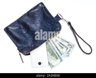 top view of open small blue leather wristlet purse bag with phone, credit cards and dollars isolated on white backgroun Stock Photo