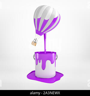 3d rendering of hot-air balloon that's been dipped in purple paint and is floating in air with half-colored stripes, paint dripping down, on light Stock Photo