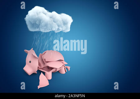 3d rendering of broken pink piggy bank under rainy white cloud on blue background Stock Photo