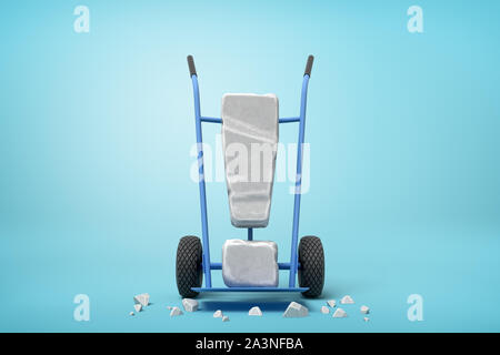 3d rendering of large stone exclamation mark on blue hand truck with big stone crumbs on ground on light-blue background. Stock Photo