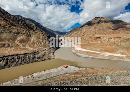 Confluence of Indus and Zanskar Rivers in Himalayas Stock Photo