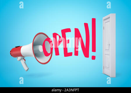 3d rendering of red and white megaphone with 'OPEN' sign and white doorway on blue background Stock Photo