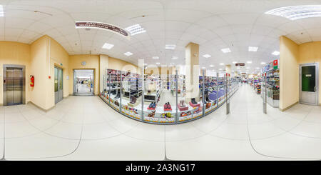 360 degree panoramic view of MINSK, BELARUS - MAY 2018: Full spherical seamless panorama 360 degrees in interior of shop with shelves fabrics in elite textiles department store in