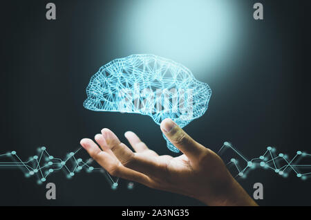 Business and technology concept, polygon digital brain graphic in human palm Stock Photo