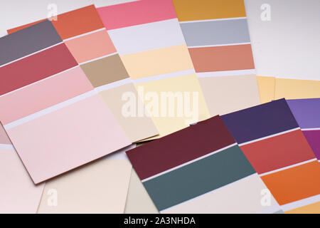 Color palette with various samples. Light background. Paint selection cards, close-up Stock Photo