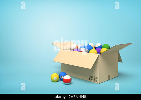 3d rendering of cardboard box full of colorful snooker balls on blue background. Stock Photo