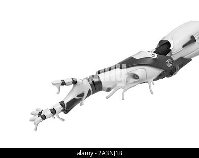 3d close-up rendering of android's arm, its black and white plastic melting, isolated on white background. Stock Photo