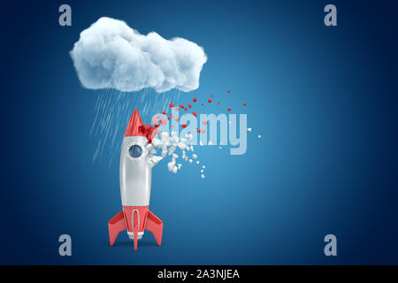 3d rendering of rocket standing under raining cloud and starting to dissolve in pieces, on blue background with copy space. Stock Photo