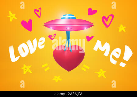 3d rendering of pink UFO carrying beautiful red heart and flying against amber background with small hearts, stars and 'Love me ' title on it. Stock Photo