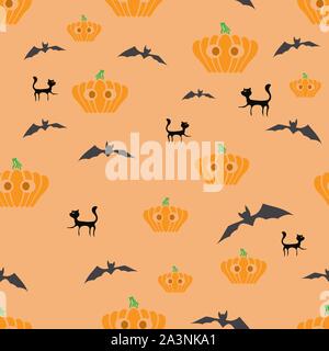 Halloween Decoration Seamless Pattern with Black Cat and Pumpkin Isolated on Orange Background Stock Vector