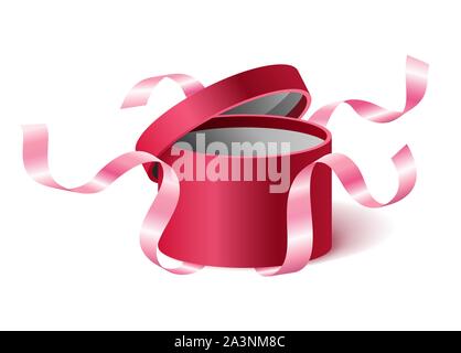 Red pink opened 3d realistic round gift box with flying off ribbons and place for your text, realistic box vector illustration. Stock Vector