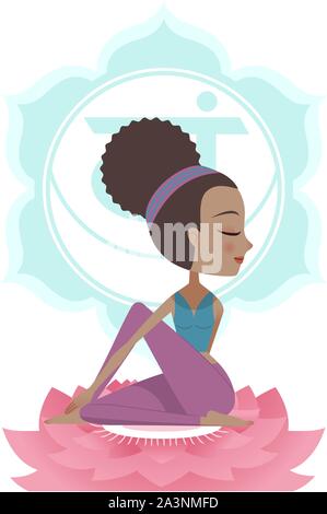 Yoga Asana Posture Practice with Svadisthana Chakra Symbol Mandala Backround, vector illustration. With woman sitting on Pink Lotus.