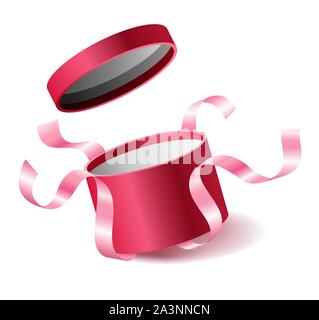 Red pink opened 3d realistic round gift box with flying off cover and ribbons and place for your text, realistic box vector illustration. Stock Vector