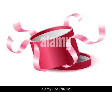 Red pink opened 3d realistic round gift box with flying off ribbons and place for your text, realistic box vector illustration. Stock Vector